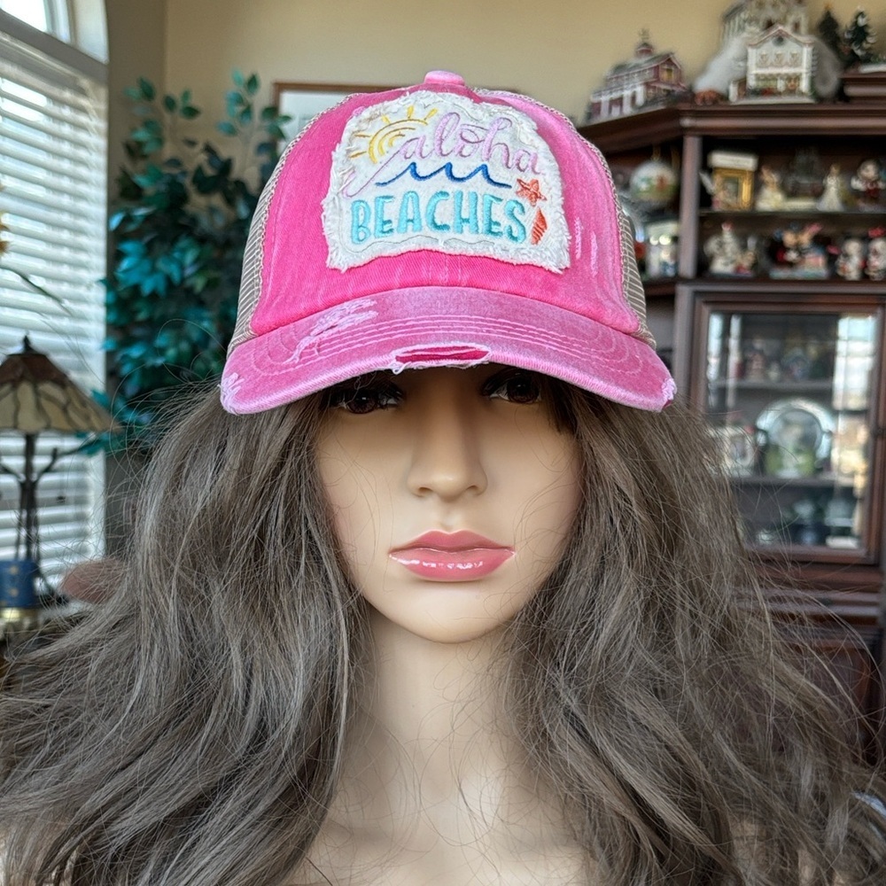 C.C. Criss Cross Baseball Cap Pink "Aloha Beaches" Distressed Embroidered Hat